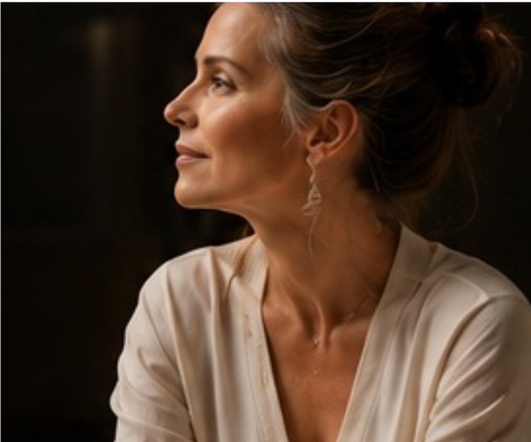 Mulher madura de perfil, em luz baixa